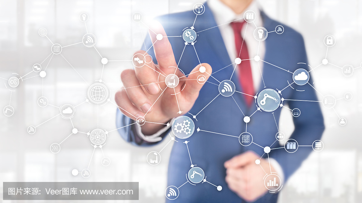 虛擬屏幕上的技術工業業務流程工作流組織結構。物聯網智能行業概念混合媒體圖。